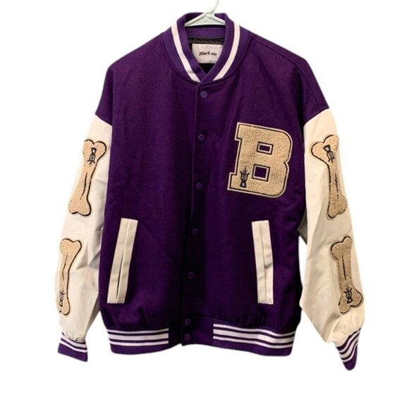 Black Air Varsity Jacket Men’s‎ Purple Snap Button Baseball Bomber Size L - Picture 2 of 14